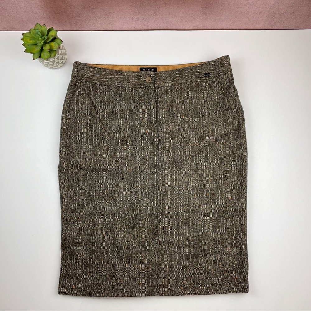 Ted Baker London Brown Tweed Wool Silk Pencil Skirt Women Size Medium